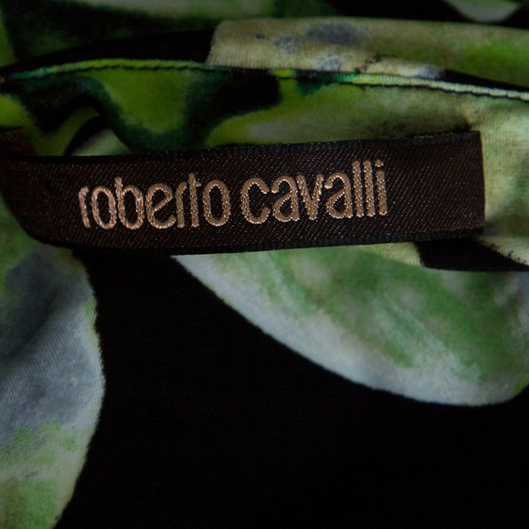 Pre Owned Roberto Cavalli Black Floral Printed Knit Long Sleeve Brooch Detail Dress M