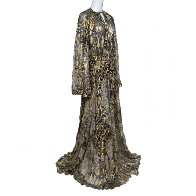 Pre Owned Roberto Cavalli Black Lurex Plunge Neck Backless Gown S