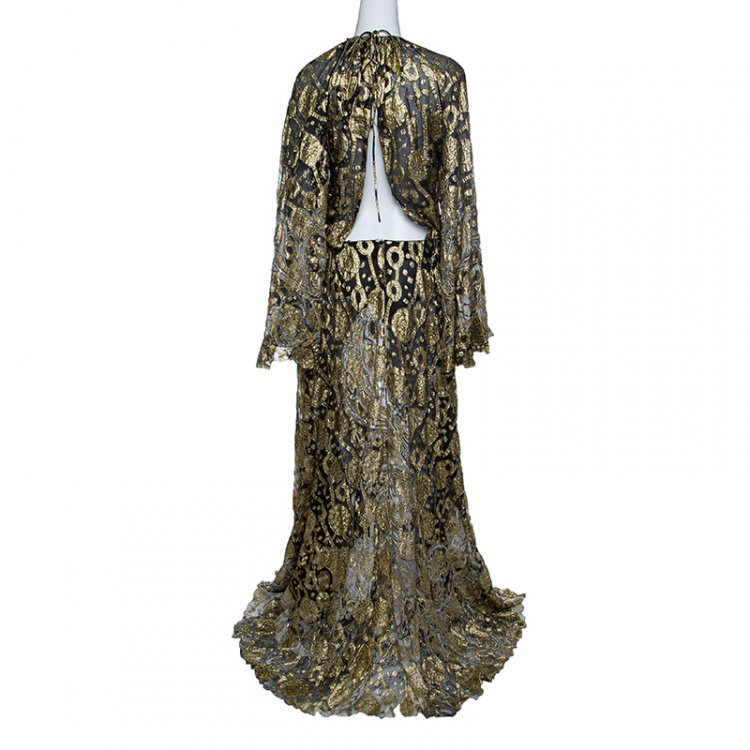 Pre Owned Roberto Cavalli Black Lurex Plunge Neck Backless Gown S