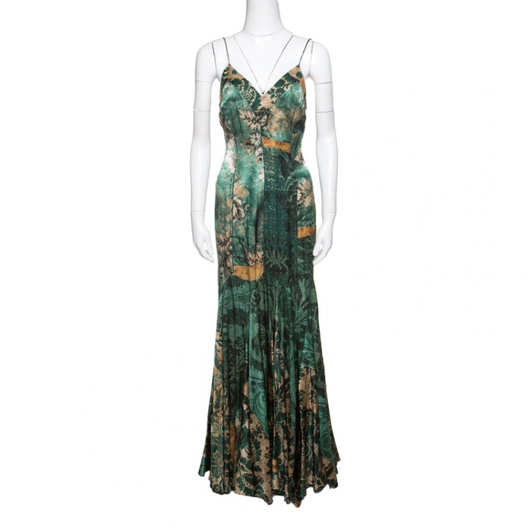 Pre Owned Roberto Cavalli Green and Gold Printed Silk Noodle Strap Maxi Dress M