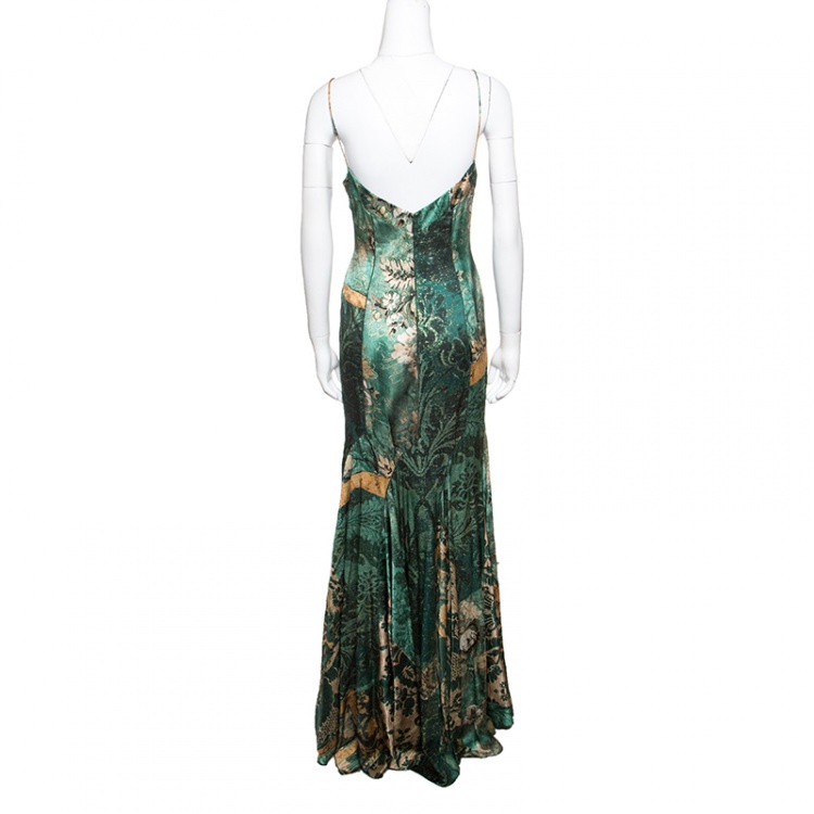 Pre Owned Roberto Cavalli Green and Gold Printed Silk Noodle Strap Maxi Dress M