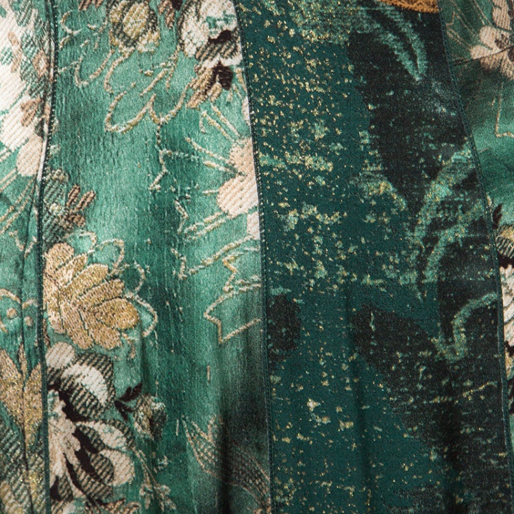 Pre Owned Roberto Cavalli Green and Gold Printed Silk Noodle Strap Maxi Dress M