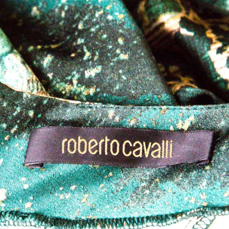 Pre Owned Roberto Cavalli Green and Gold Printed Silk Noodle Strap Maxi Dress M