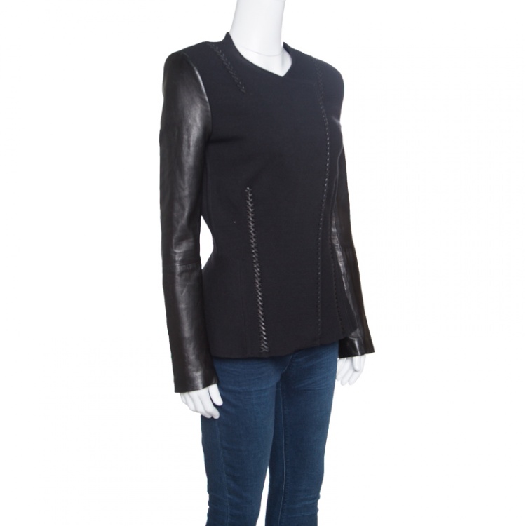 Pre Owned Roberto Cavalli Black Leather Sleeve Detail Wool and Cashmere Jacket S