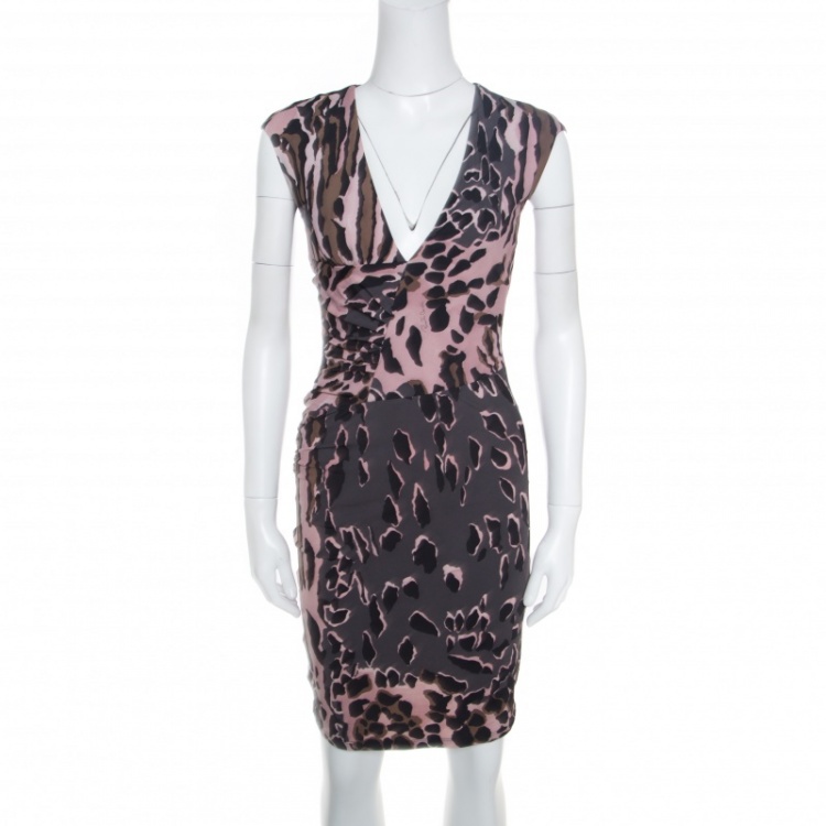 مملوكة مسبقًا Roberto Cavalli Grey and Pink Ruched Animal Print Dress S