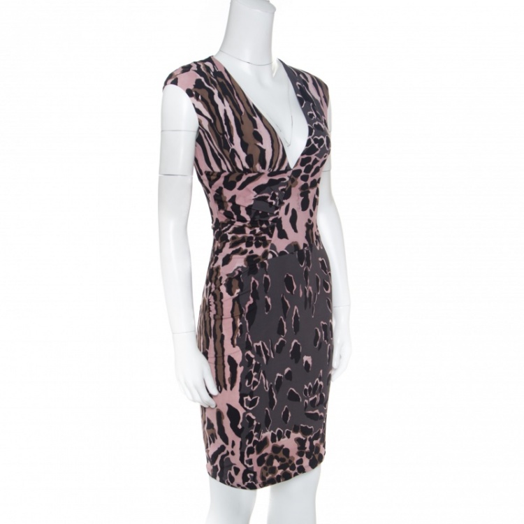 مملوكة مسبقًا Roberto Cavalli Grey and Pink Ruched Animal Print Dress S