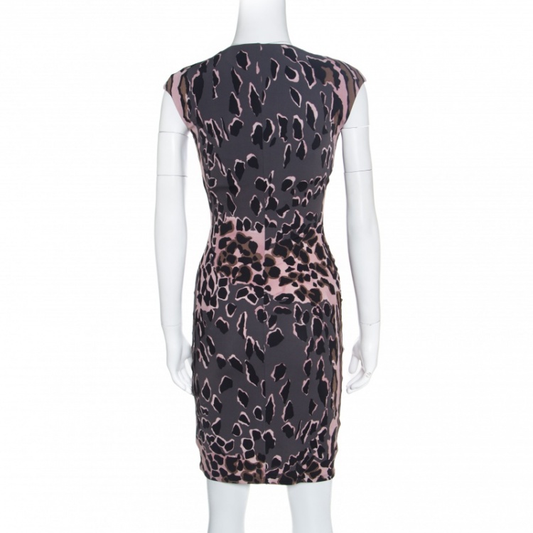 مملوكة مسبقًا Roberto Cavalli Grey and Pink Ruched Animal Print Dress S