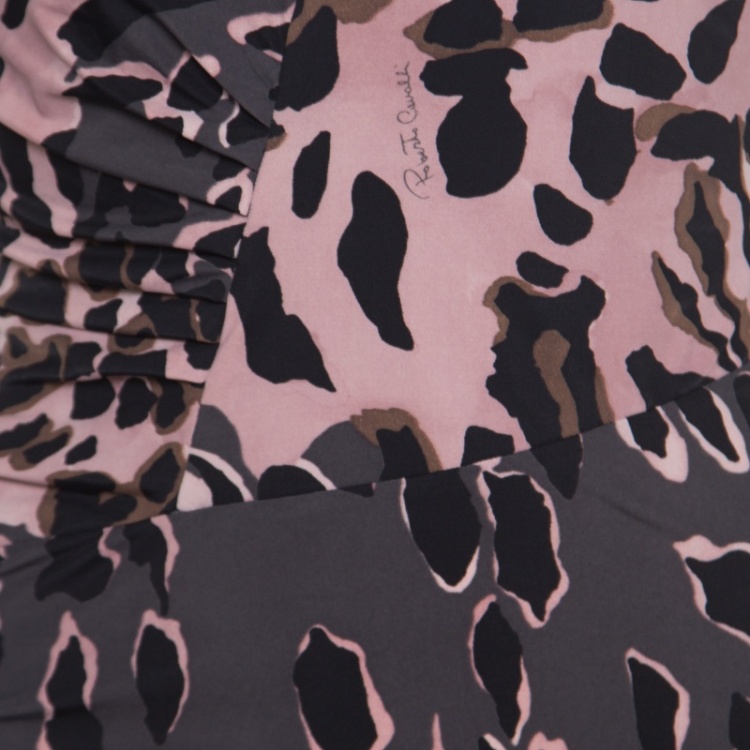 مملوكة مسبقًا Roberto Cavalli Grey and Pink Ruched Animal Print Dress S