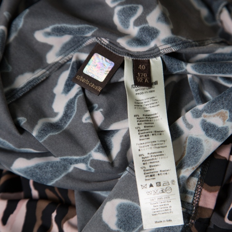مملوكة مسبقًا Roberto Cavalli Grey and Pink Ruched Animal Print Dress S