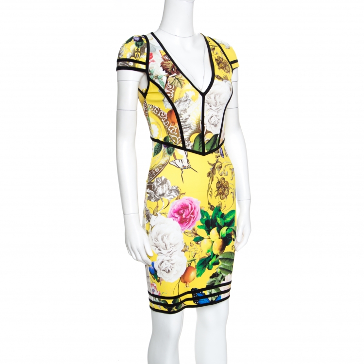Pre Owned Roberto Cavalli Yellow Fruit and Floral Print Contrast Trim Detail Punto Dress S
