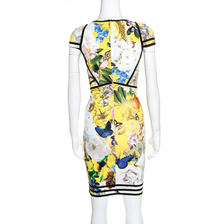 Pre Owned Roberto Cavalli Yellow Fruit and Floral Print Contrast Trim Detail Punto Dress S