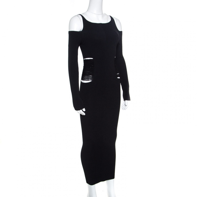 Pre Owned Roberto Cavalli Black Ribbed Knit Distressed Waist Detail Cold Shoulder Dress S