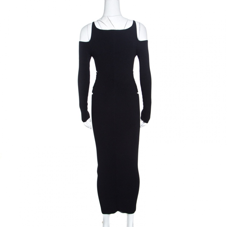 Pre Owned Roberto Cavalli Black Ribbed Knit Distressed Waist Detail Cold Shoulder Dress S