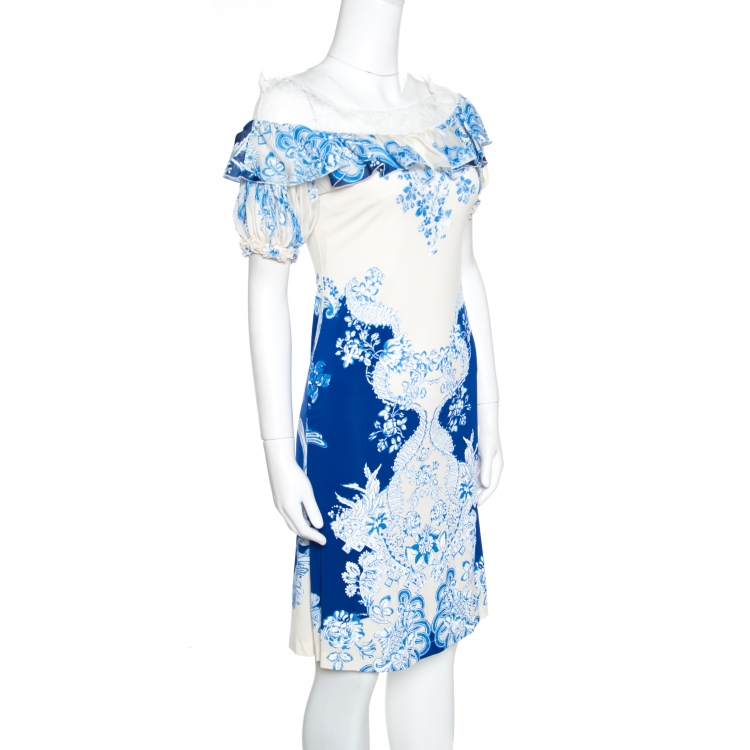 Pre Owned Roberto Cavalli  Ivory and Blue Printed Stretch Knit Ruffled Off Shoulder Dress M