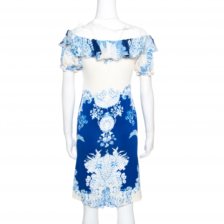 Pre Owned Roberto Cavalli  Ivory and Blue Printed Stretch Knit Ruffled Off Shoulder Dress M