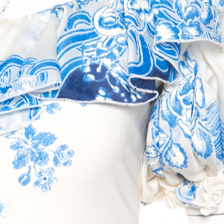 Pre Owned Roberto Cavalli  Ivory and Blue Printed Stretch Knit Ruffled Off Shoulder Dress M