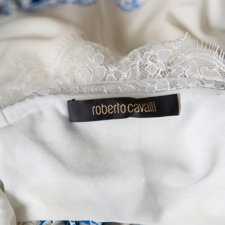 Pre Owned Roberto Cavalli  Ivory and Blue Printed Stretch Knit Ruffled Off Shoulder Dress M