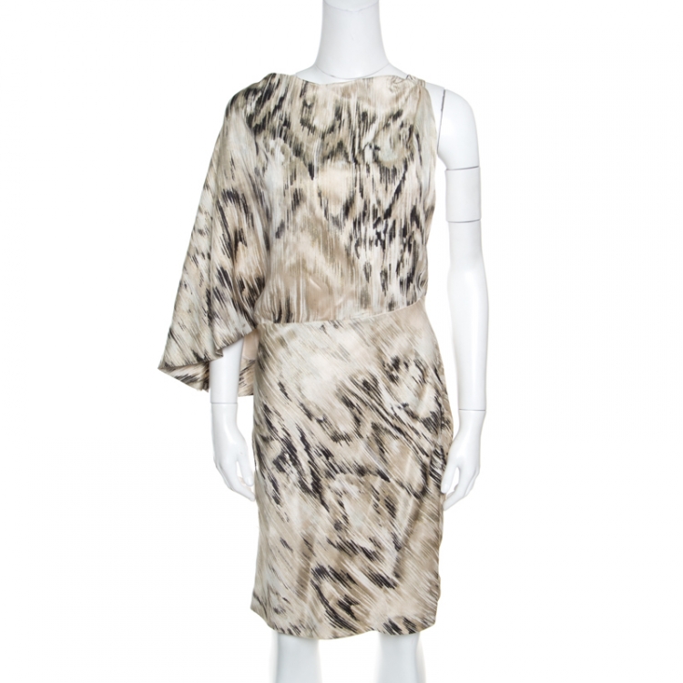 Pre Owned Roberto Cavalli Beige Metallic Printed Silk Asymmetric Sleeve Detail Dress M