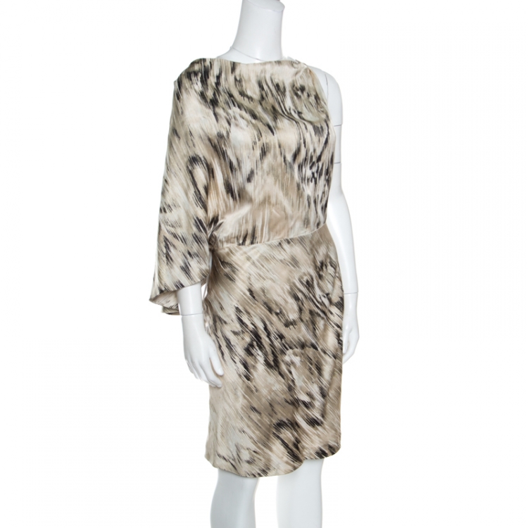 Pre Owned Roberto Cavalli Beige Metallic Printed Silk Asymmetric Sleeve Detail Dress M