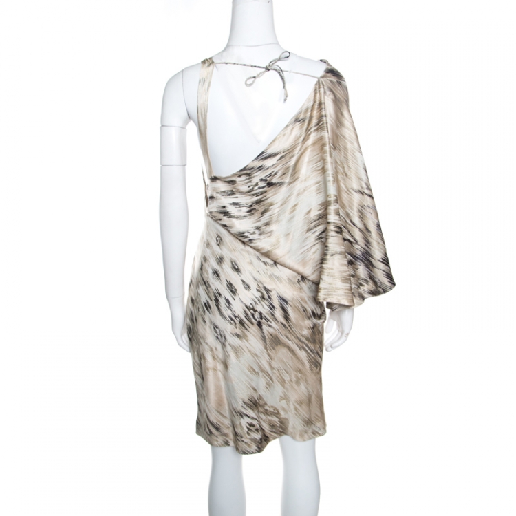 Pre Owned Roberto Cavalli Beige Metallic Printed Silk Asymmetric Sleeve Detail Dress M