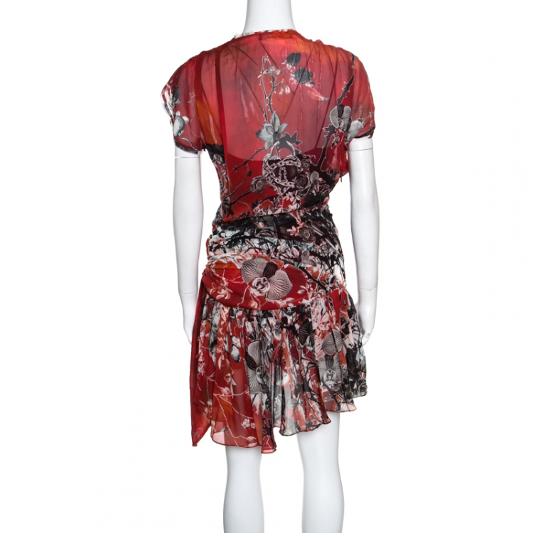 Pre Owned Roberto Cavalli Red Floral Printed Faux Wrap Draped Asymmetric Dress S