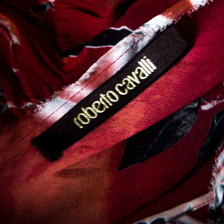 Pre Owned Roberto Cavalli Red Floral Printed Faux Wrap Draped Asymmetric Dress S