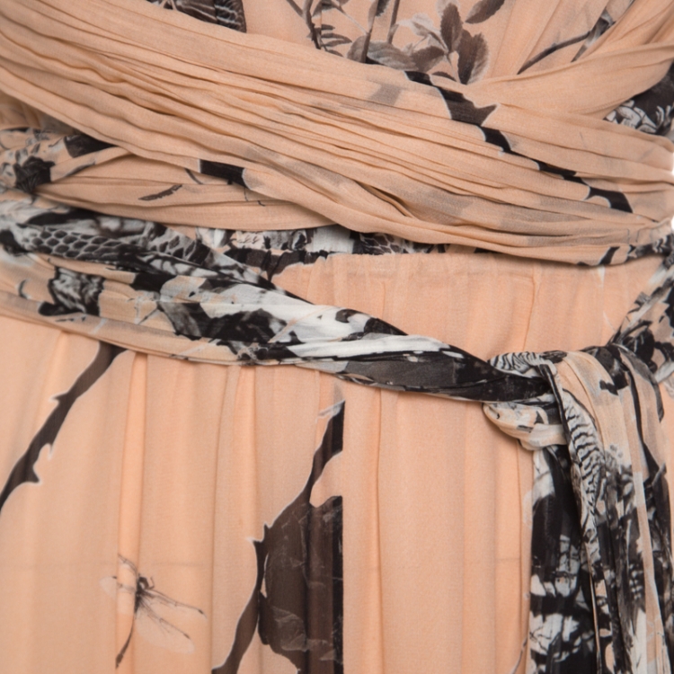 مملوكة مسبقًا Roberto Cavalli Blush Pink Floral Printed Silk Cross Back Belted Maxi Dress M