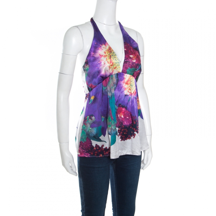 Pre Owned Roberto Cavalli Purple Floral Printed Silk Halter Tie Up Top S