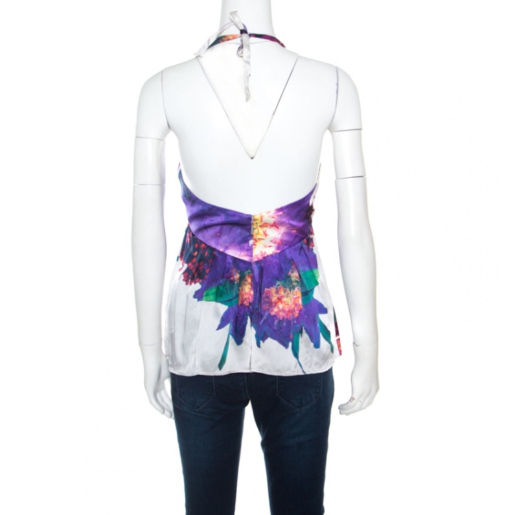 Pre Owned Roberto Cavalli Purple Floral Printed Silk Halter Tie Up Top S