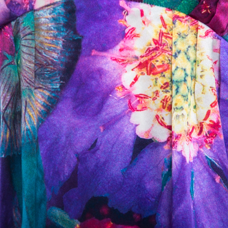 Pre Owned Roberto Cavalli Purple Floral Printed Silk Halter Tie Up Top S