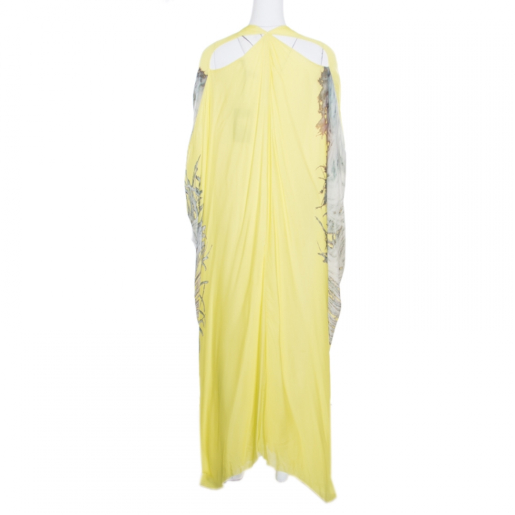 Pre Owned Roberto Cavalli Giallo Yellow Feather Printed Silk Cut Out Detail Kaftan S