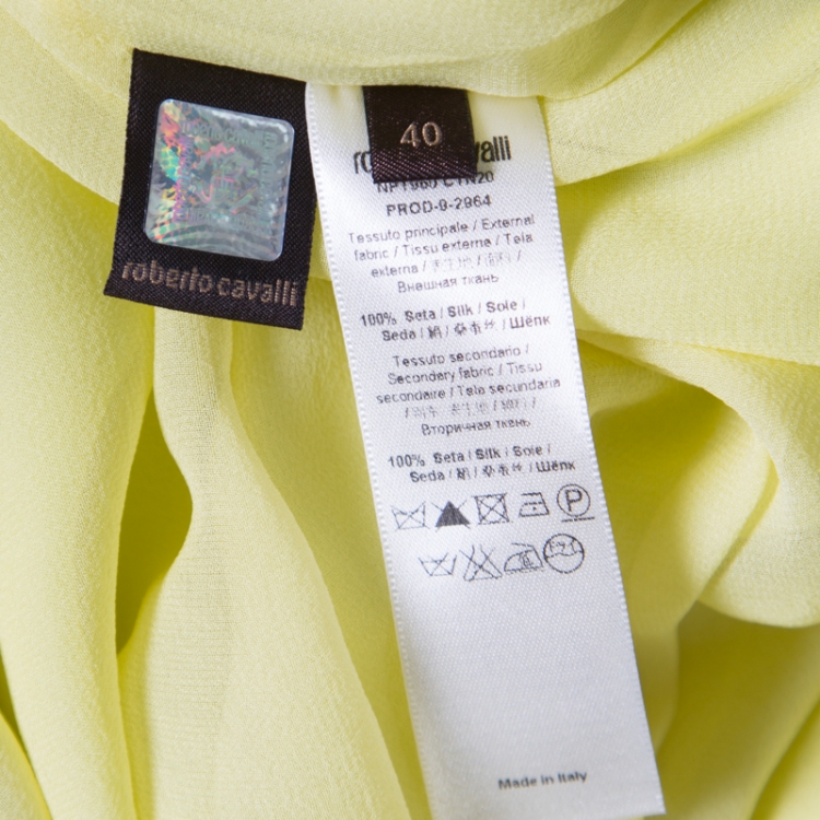 Pre Owned Roberto Cavalli Giallo Yellow Feather Printed Silk Cut Out Detail Kaftan S