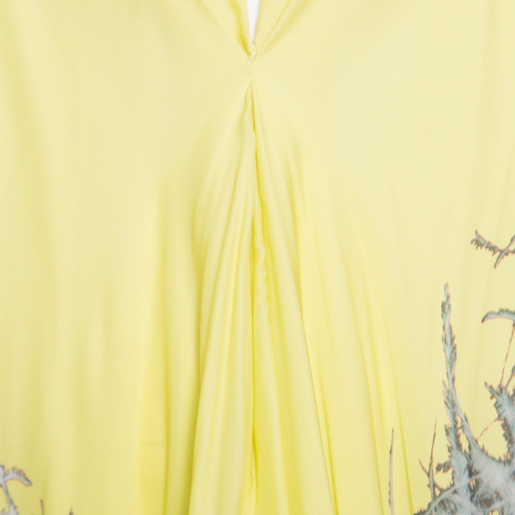 Pre Owned Roberto Cavalli Giallo Yellow Feather Printed Silk Cut Out Detail Kaftan S