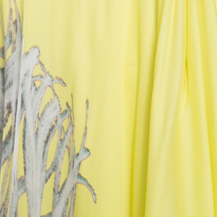 Pre Owned Roberto Cavalli Giallo Yellow Feather Printed Silk Cut Out Detail Kaftan S