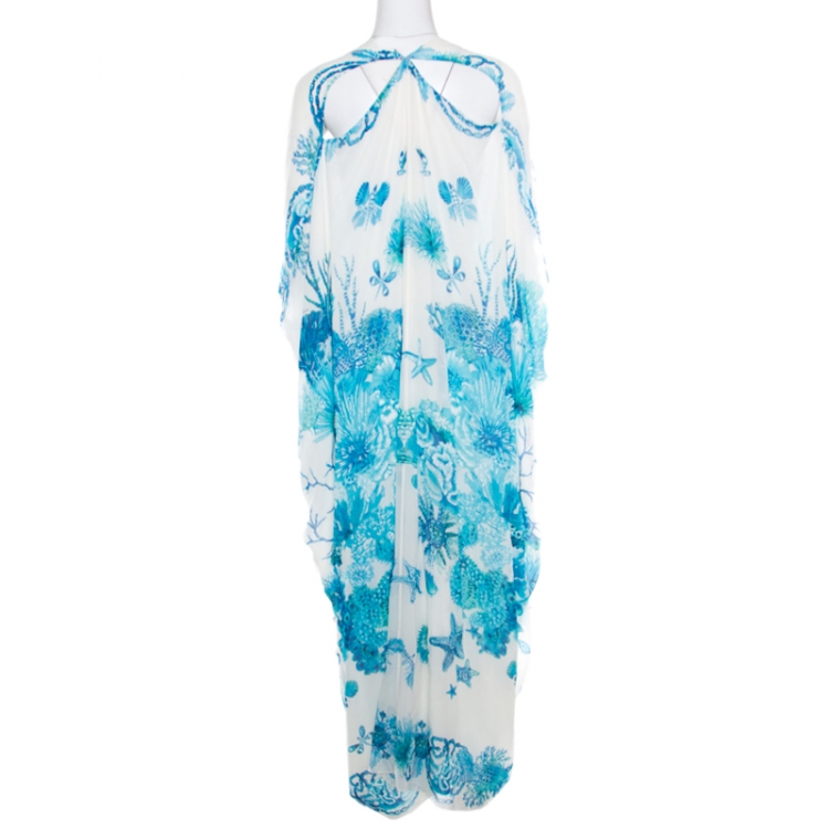 Pre Owned Roberto Cavalli White and Blue Underwater Printed Silk Slit Sleeve Detail Maxi Dress S