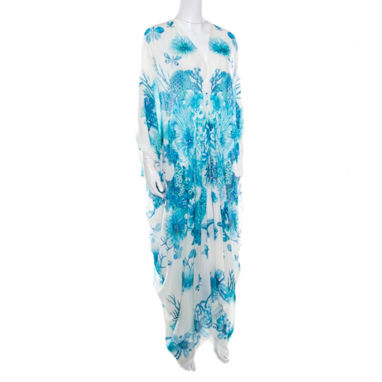 Pre Owned Roberto Cavalli White and Blue Underwater Printed Silk Slit Sleeve Detail Maxi Dress S