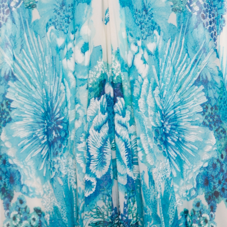 Pre Owned Roberto Cavalli White and Blue Underwater Printed Silk Slit Sleeve Detail Maxi Dress S