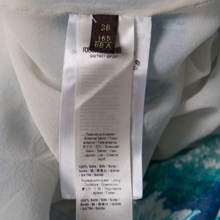 Pre Owned Roberto Cavalli White and Blue Underwater Printed Silk Slit Sleeve Detail Maxi Dress S