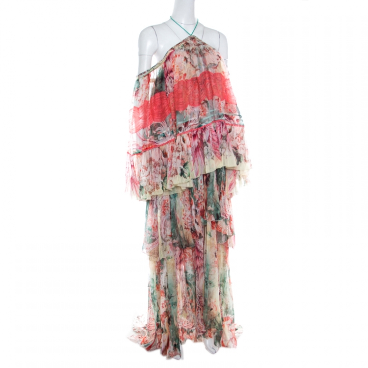 Pre Owned Roberto Cavalli Floral Printed Tiered Silk Lace Trim Off Shoulder Maxi Dress L