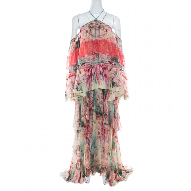 Pre Owned Roberto Cavalli Floral Printed Tiered Silk Lace Trim Off Shoulder Maxi Dress L