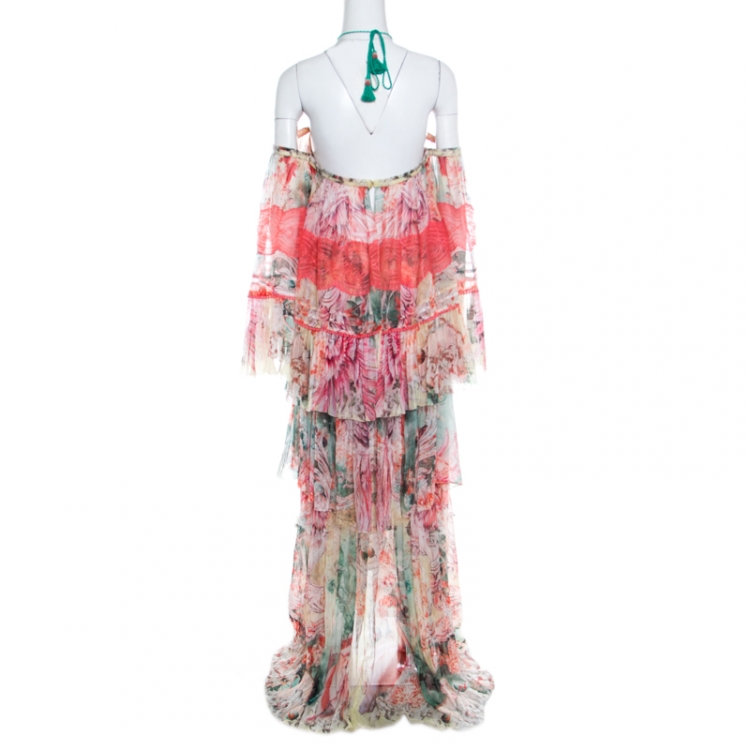 Pre Owned Roberto Cavalli Floral Printed Tiered Silk Lace Trim Off Shoulder Maxi Dress L
