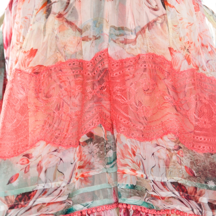 Pre Owned Roberto Cavalli Floral Printed Tiered Silk Lace Trim Off Shoulder Maxi Dress L