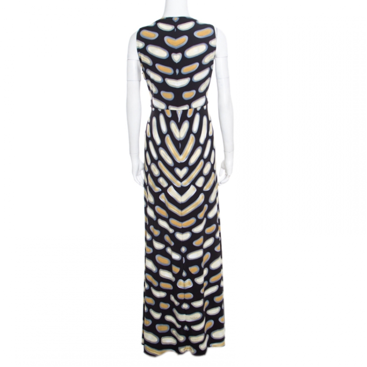 Pre Owned Roberto Cavalli Black Printed Nylon Jersey Brooch Detail Sleeveless Maxi Dress  L