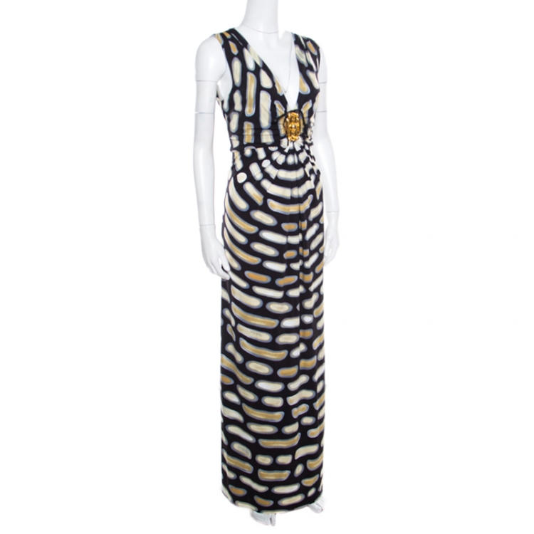 Pre Owned Roberto Cavalli Black Printed Nylon Jersey Brooch Detail Sleeveless Maxi Dress  L