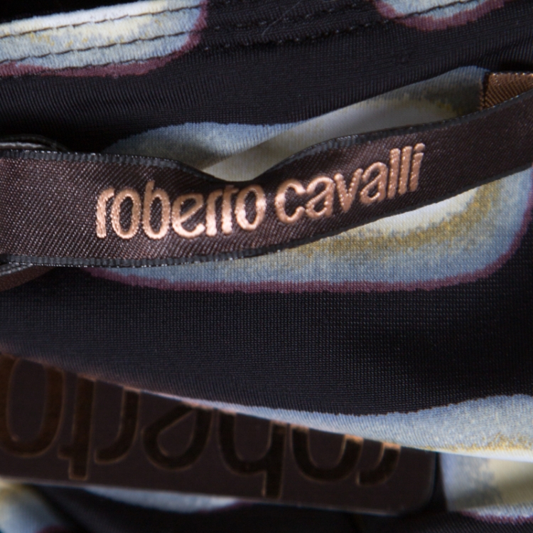 Pre Owned Roberto Cavalli Black Printed Nylon Jersey Brooch Detail Sleeveless Maxi Dress  L