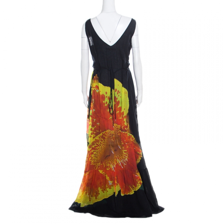 Pre Owned Roberto Cavalli Black Cotton Contrast Print Tiered Sleeveless Maxi Dress  L