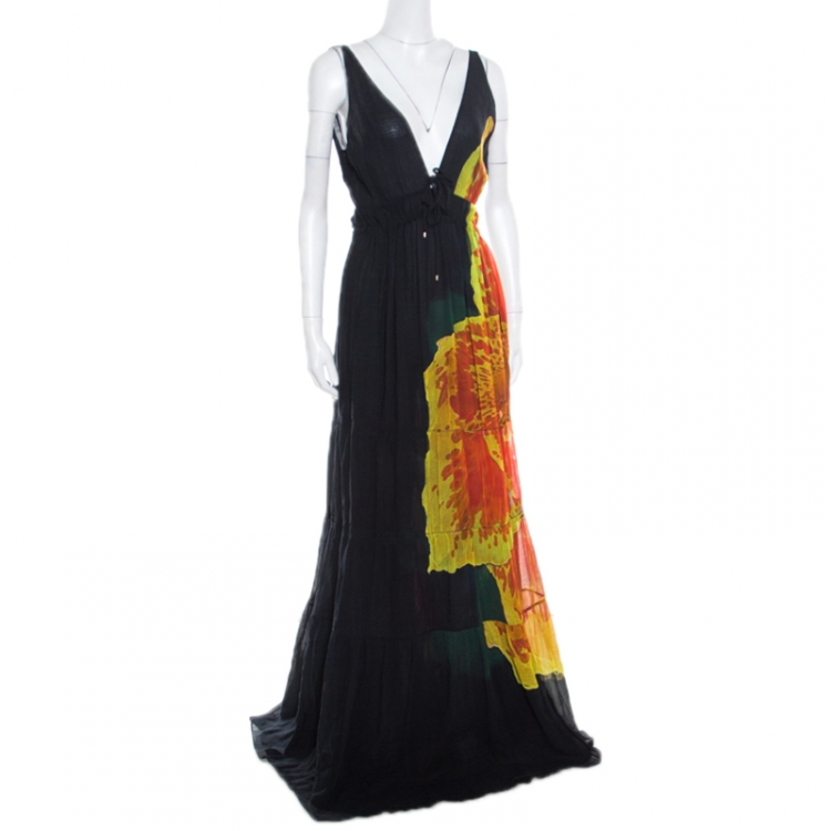 Pre Owned Roberto Cavalli Black Cotton Contrast Print Tiered Sleeveless Maxi Dress  L