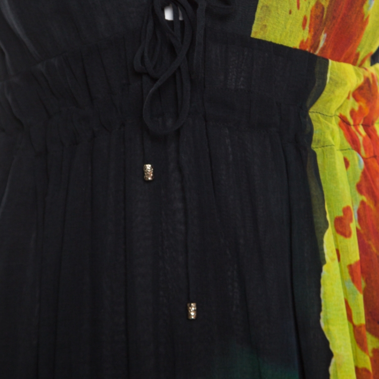 Pre Owned Roberto Cavalli Black Cotton Contrast Print Tiered Sleeveless Maxi Dress  L