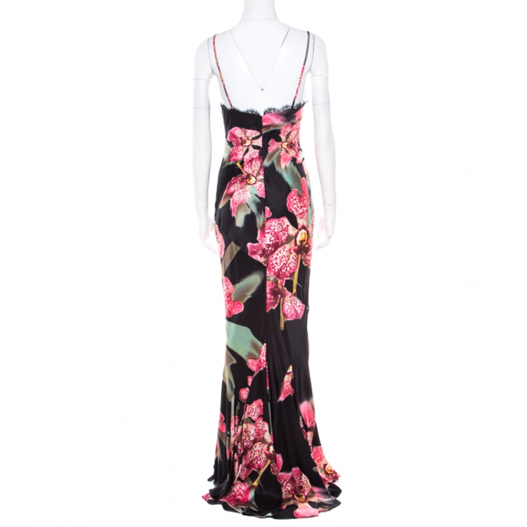 Pre Owned Roberto Cavalli Multicolor Floral and Glitter Printed Silk Maxi Slip Dress M