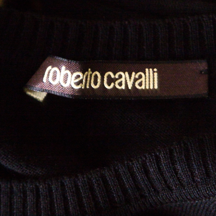 Pre Owned Roberto Cavalli Black Wool Metallic Gold Floral Printed Sweater Dress S